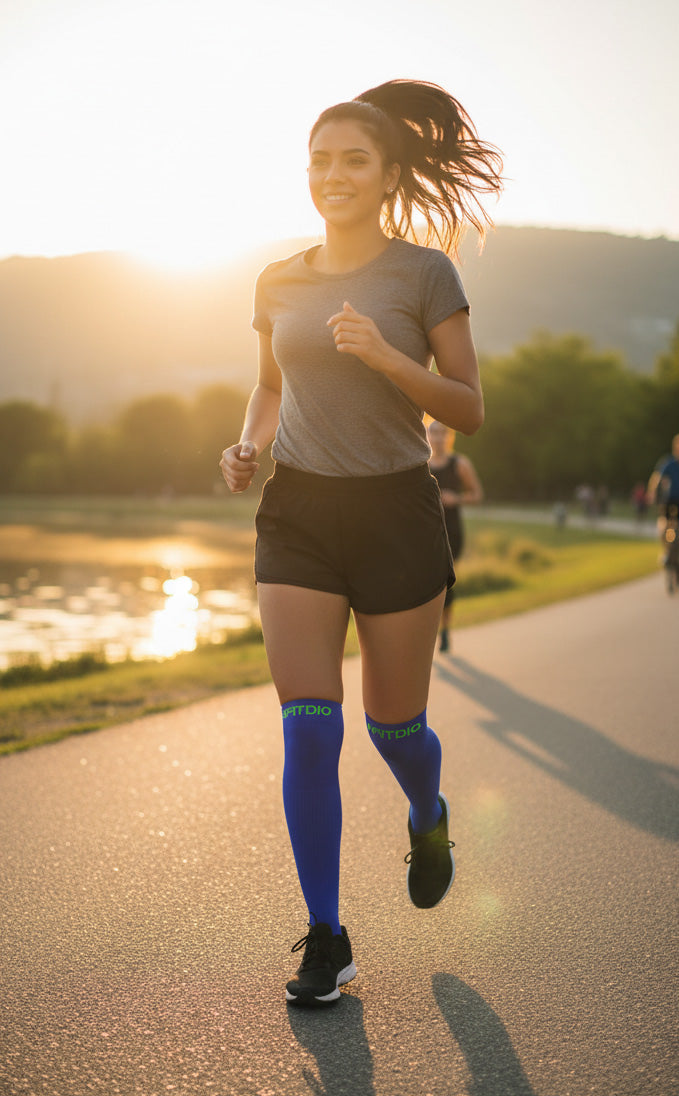 Peak Stride Knee High Compression Running Socks (Blue & Green)
