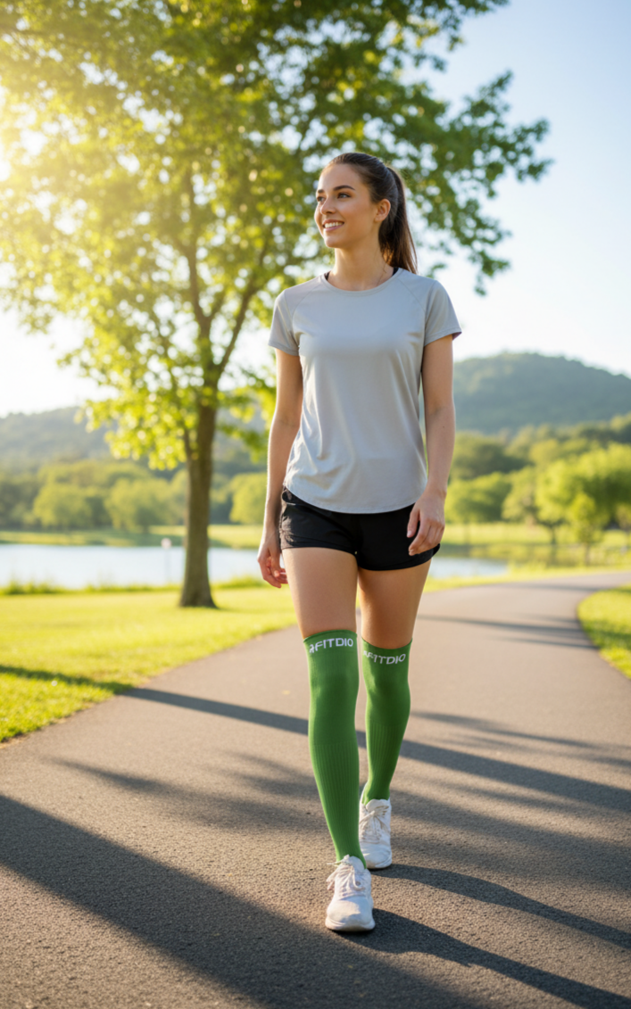 Peak Stride Knee High Compression Running Socks (Green & White)