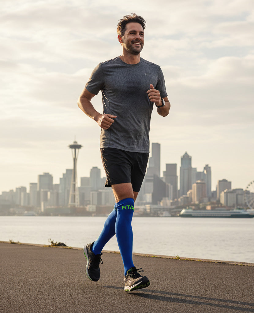 Peak Stride Knee High Compression Running Socks (Blue & Green)