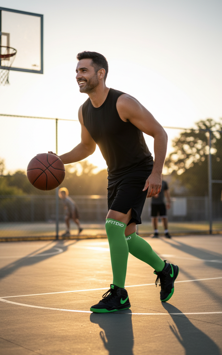 Peak Stride Knee High Compression Running Socks (Green & White)