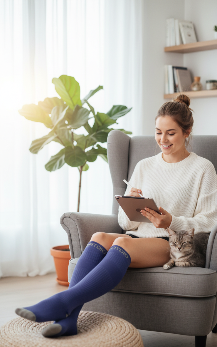 Woman sitting in a chair with a cat, wearing blue knee-high socks, in a bright room.