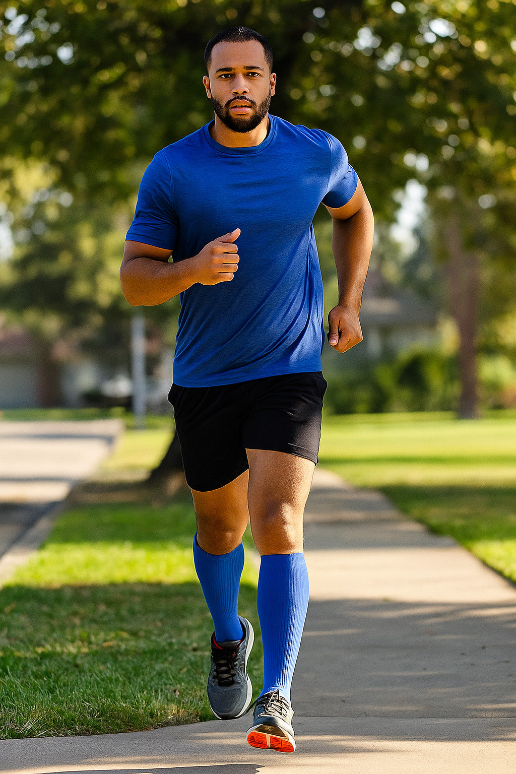 Male athlete jogging on sidewalk wearing blue endurasox compression socks with black shorts and running shoes.
